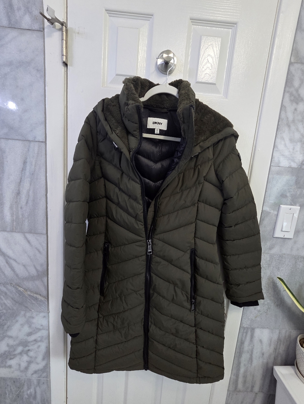 DKNY Olive Green Quilted Longline Puffer Coat with Hood